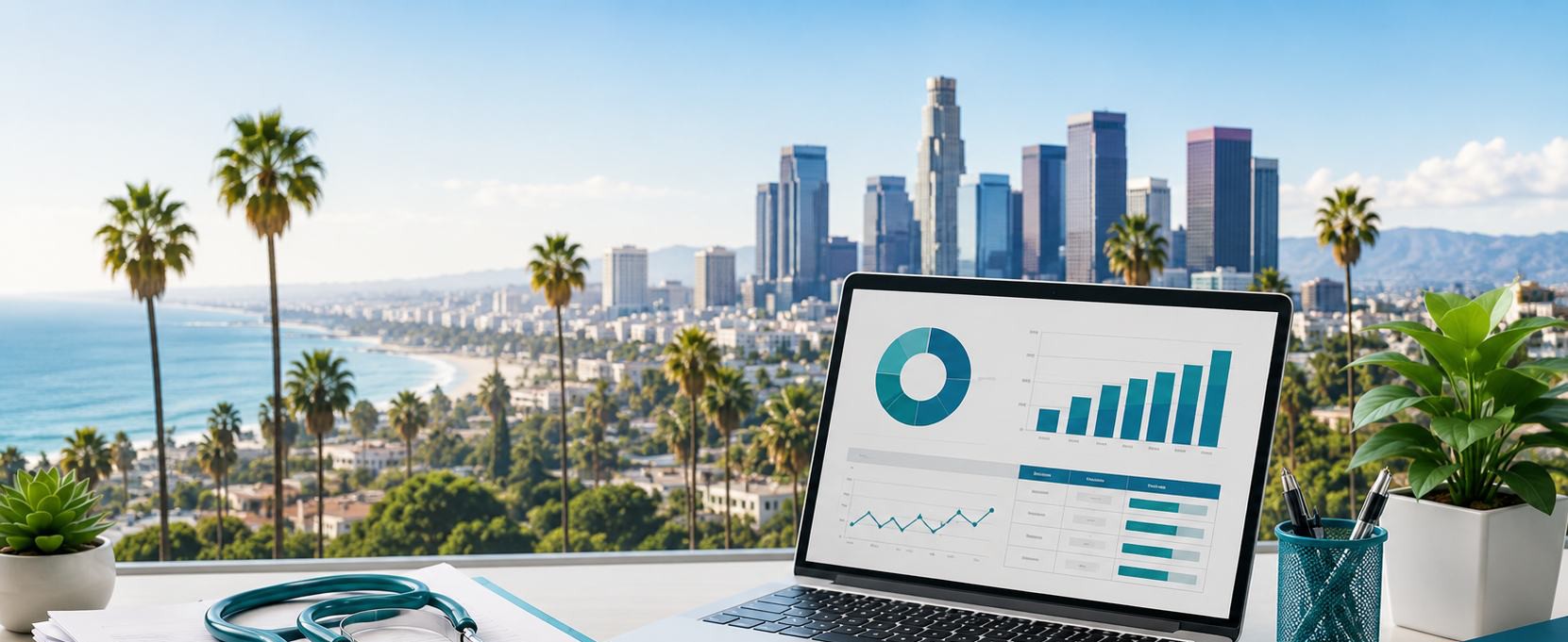 Los Angeles skyline and coastline with a laptop displaying revenue analytics